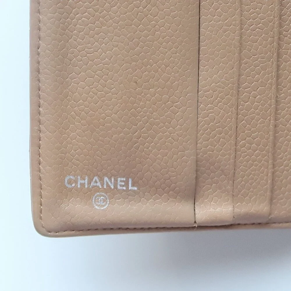 Chanel Classic Quilted Caviar Leather Bifold Wallet Beige with Silver CC Logo